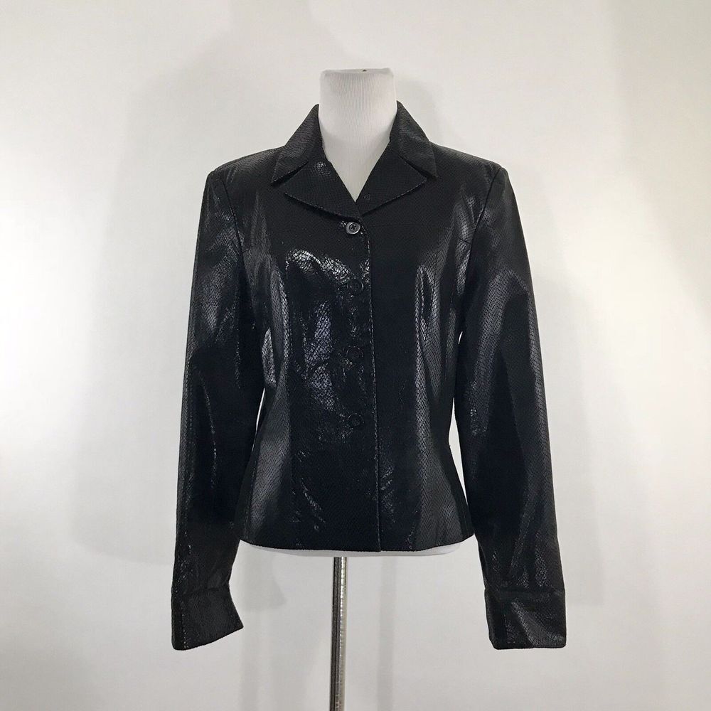 Cache Vintage Black Snakeskin Embossed Leather Jacket Womens 6 Button Front Coat